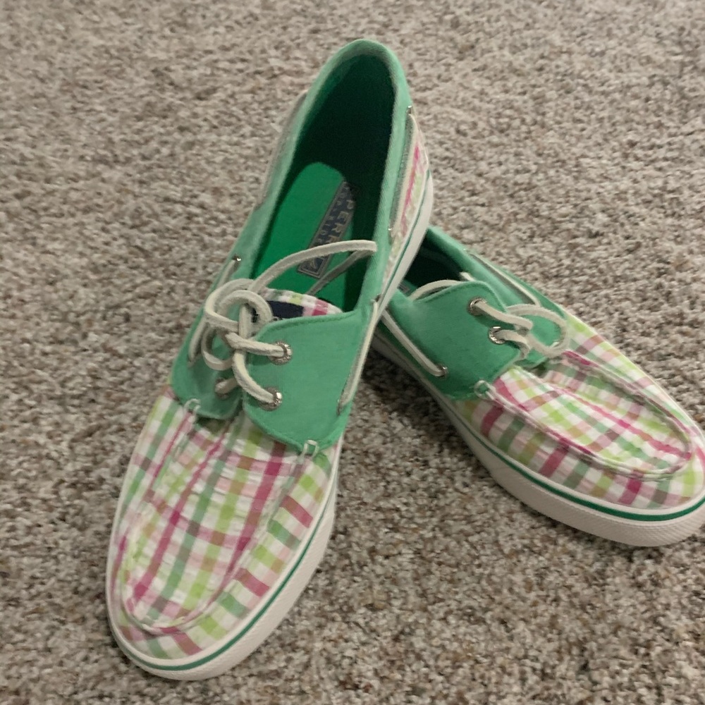 Sperry top sliders canvas plaid shoes